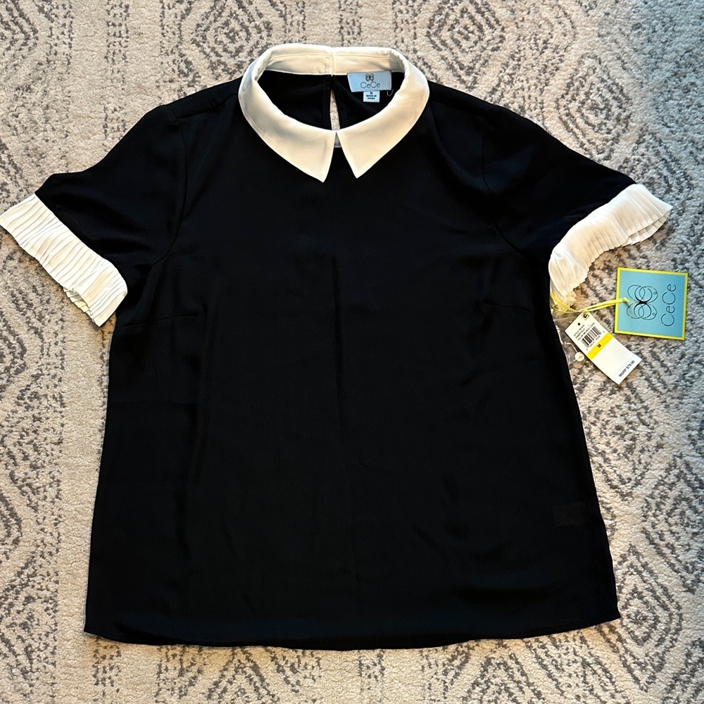 CeCe Black Blouse with White Pleated Trim